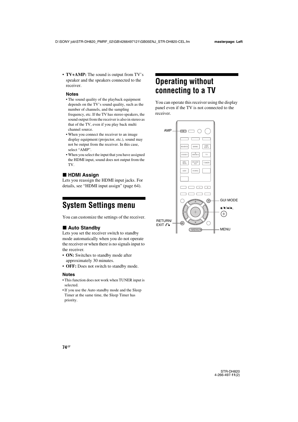 System settings menu, Operating without connecting to a tv | Sony STR-DH820 User Manual | Page 74 / 100