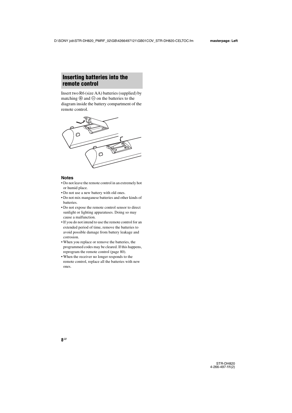 Inserting batteries into the remote control | Sony STR-DH820 User Manual | Page 8 / 100