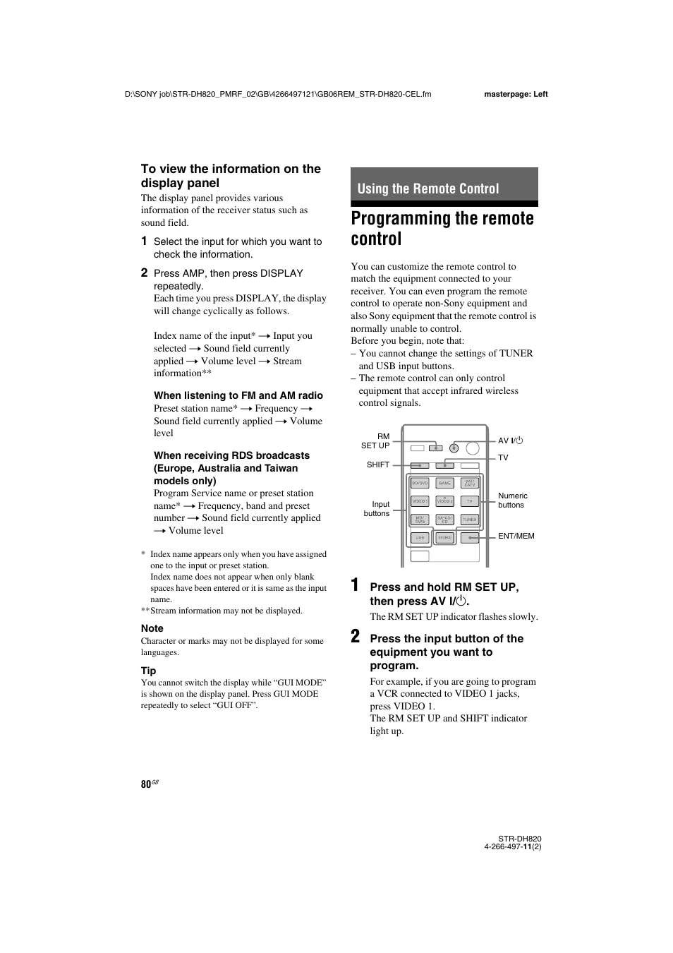 Using the remote control, Programming the remote control, The steps in “programming the remote control | Sony STR-DH820 User Manual | Page 80 / 100