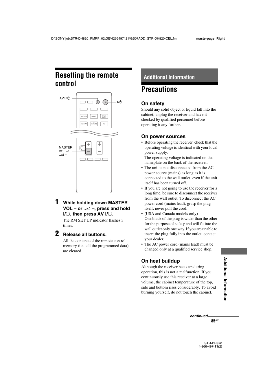 Resetting the remote control, Additional information, Precautions | Resetting the remote control 1 | Sony STR-DH820 User Manual | Page 85 / 100