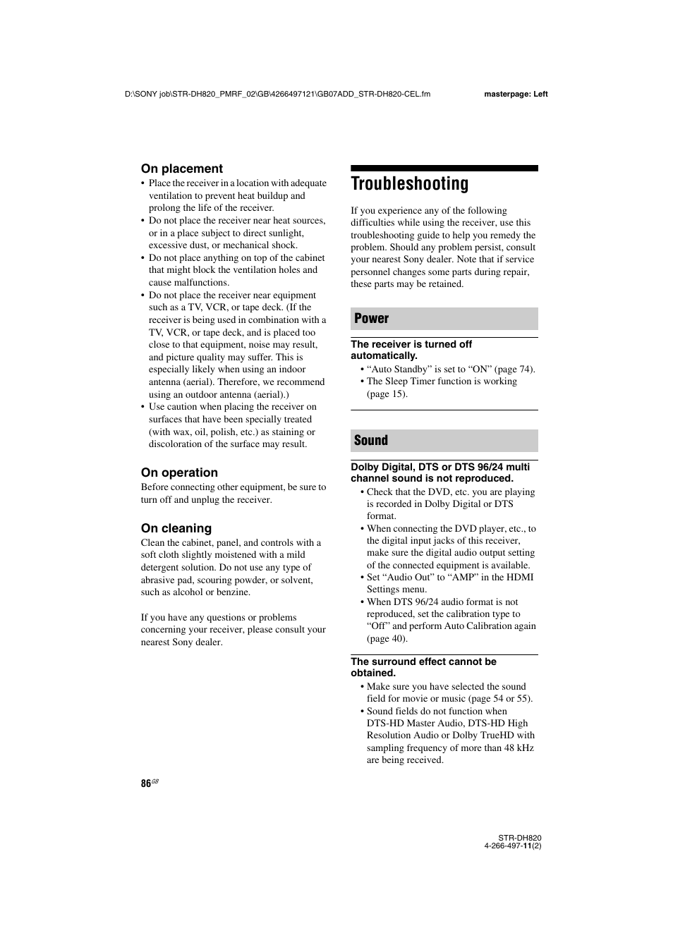 Troubleshooting, Power sound | Sony STR-DH820 User Manual | Page 86 / 100