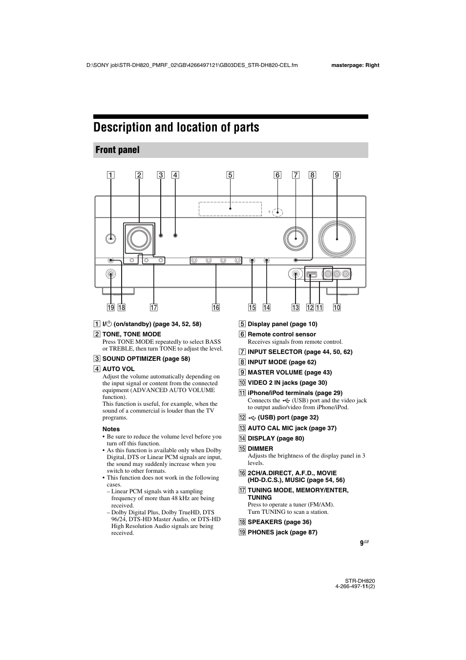 Description and location of parts, Front panel | Sony STR-DH820 User Manual | Page 9 / 100