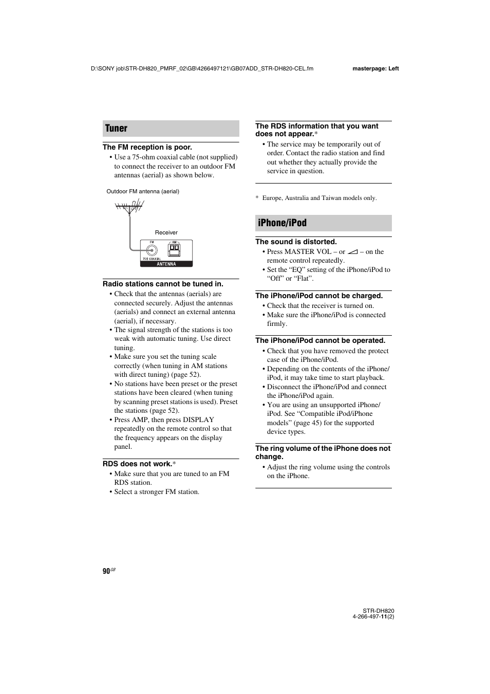 Tuner, Iphone/ipod | Sony STR-DH820 User Manual | Page 90 / 100