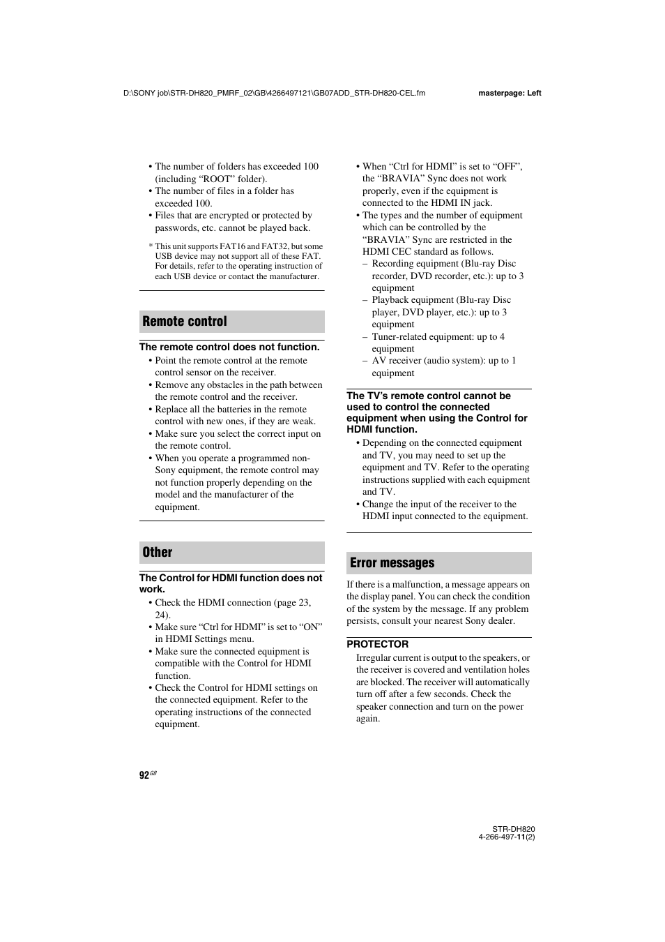 Remote control other error messages | Sony STR-DH820 User Manual | Page 92 / 100