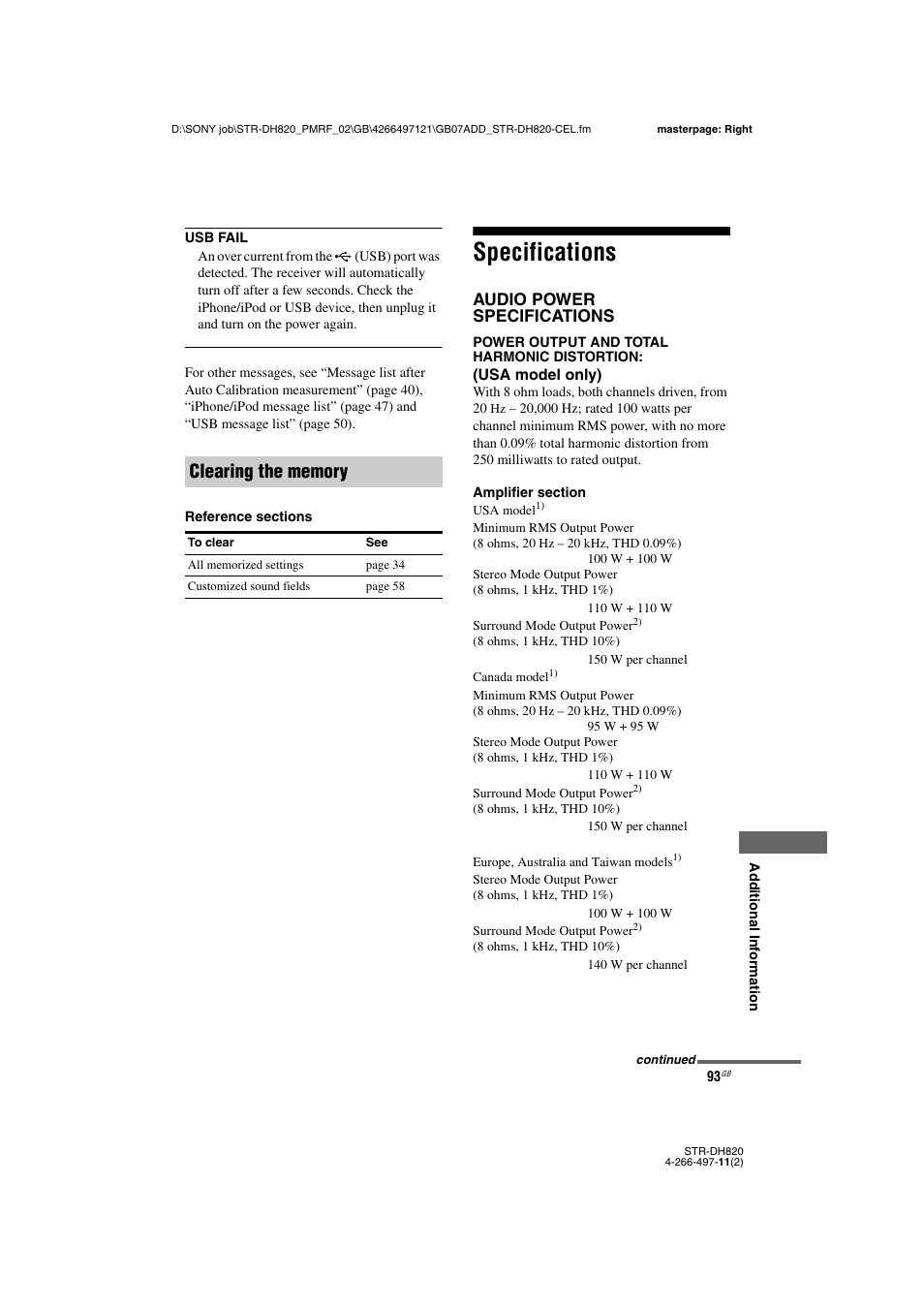 Specifications | Sony STR-DH820 User Manual | Page 93 / 100