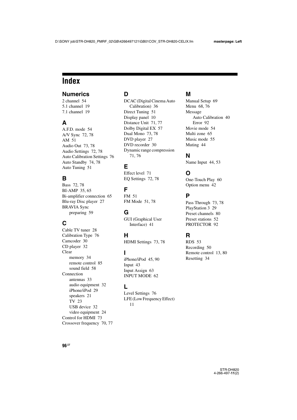 Index, Numerics | Sony STR-DH820 User Manual | Page 96 / 100