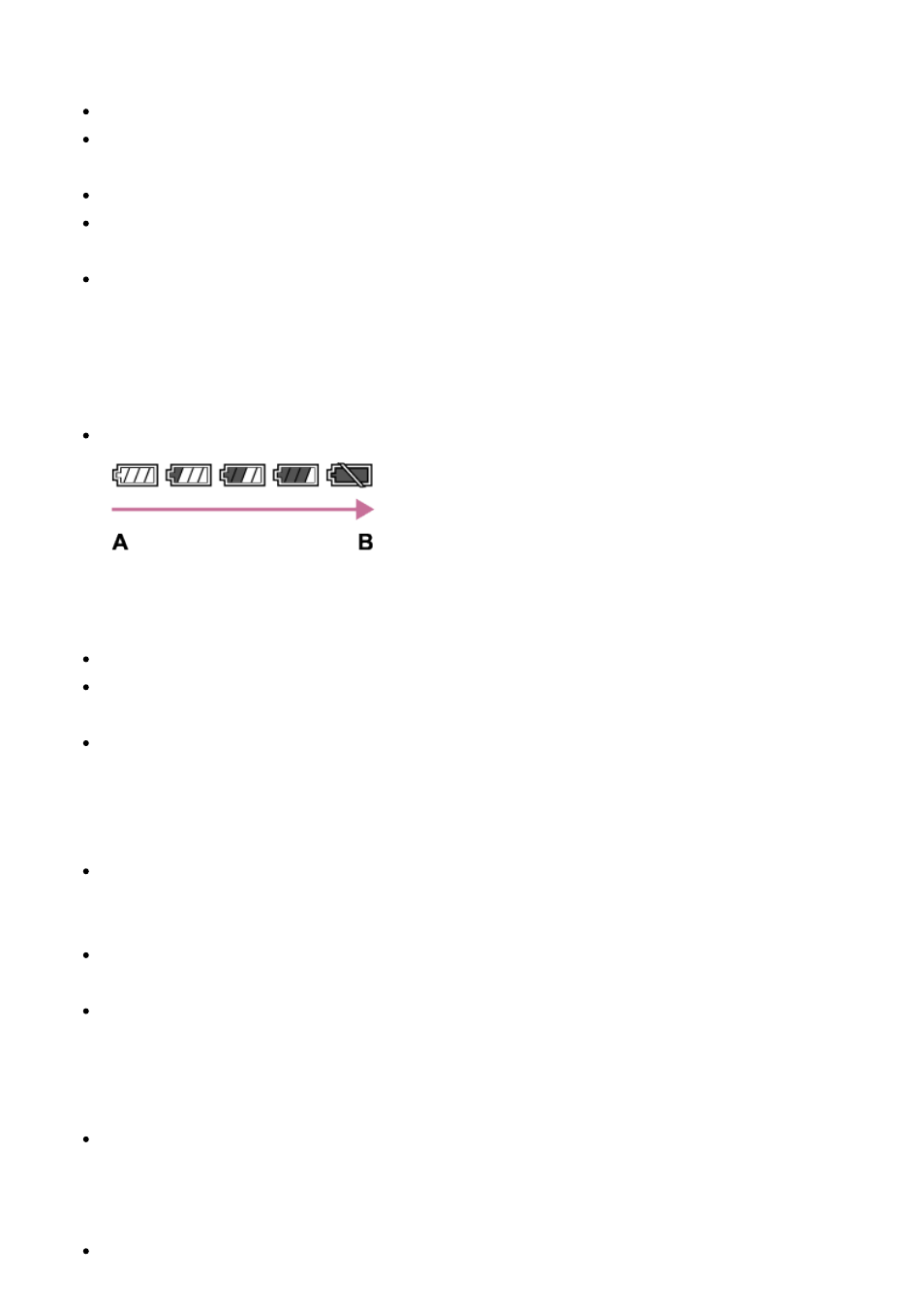 Remaining battery indicator, How to store the battery pack, On battery life | Sony ILCE-7S User Manual | Page 214 / 248