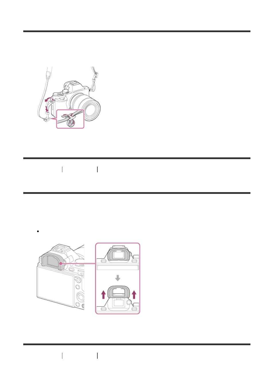 Attaching the eyepiece cup [8, Adjusting the viewfinder (diopter-adjustment) [9, Using the shoulder strap | Attaching the eyepiece cup, Adjusting the viewfinder (diopter-adjustment) | Sony ILCE-7S User Manual | Page 30 / 248