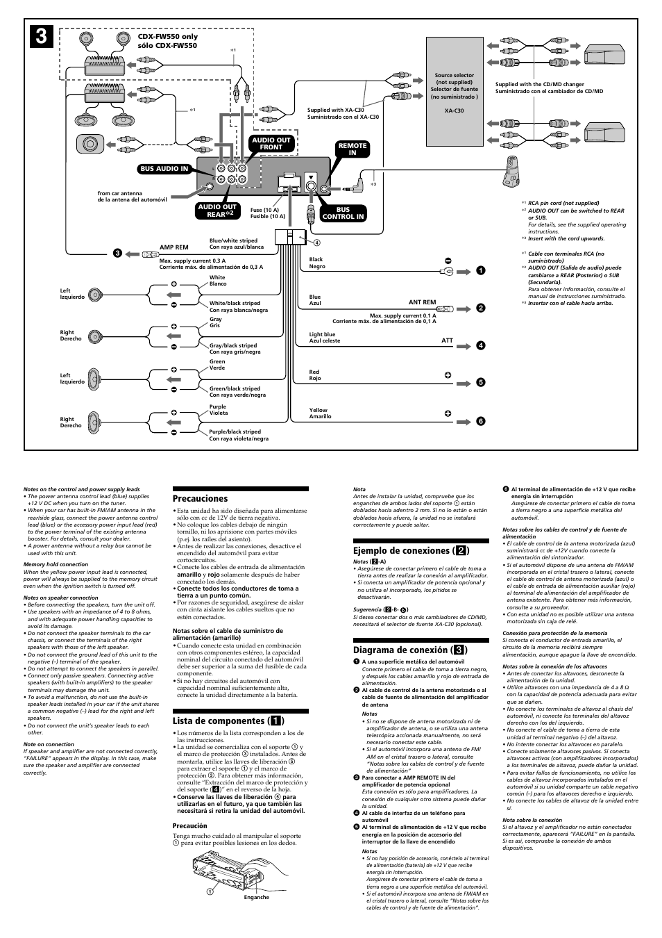 Precauciones, Lista de componentes ( 1 ), Ejemplo de conexiones ( 2 ) | Diagrama de conexión ( 3 ) | Sony CDX-FW550 User Manual | Page 2 / 4