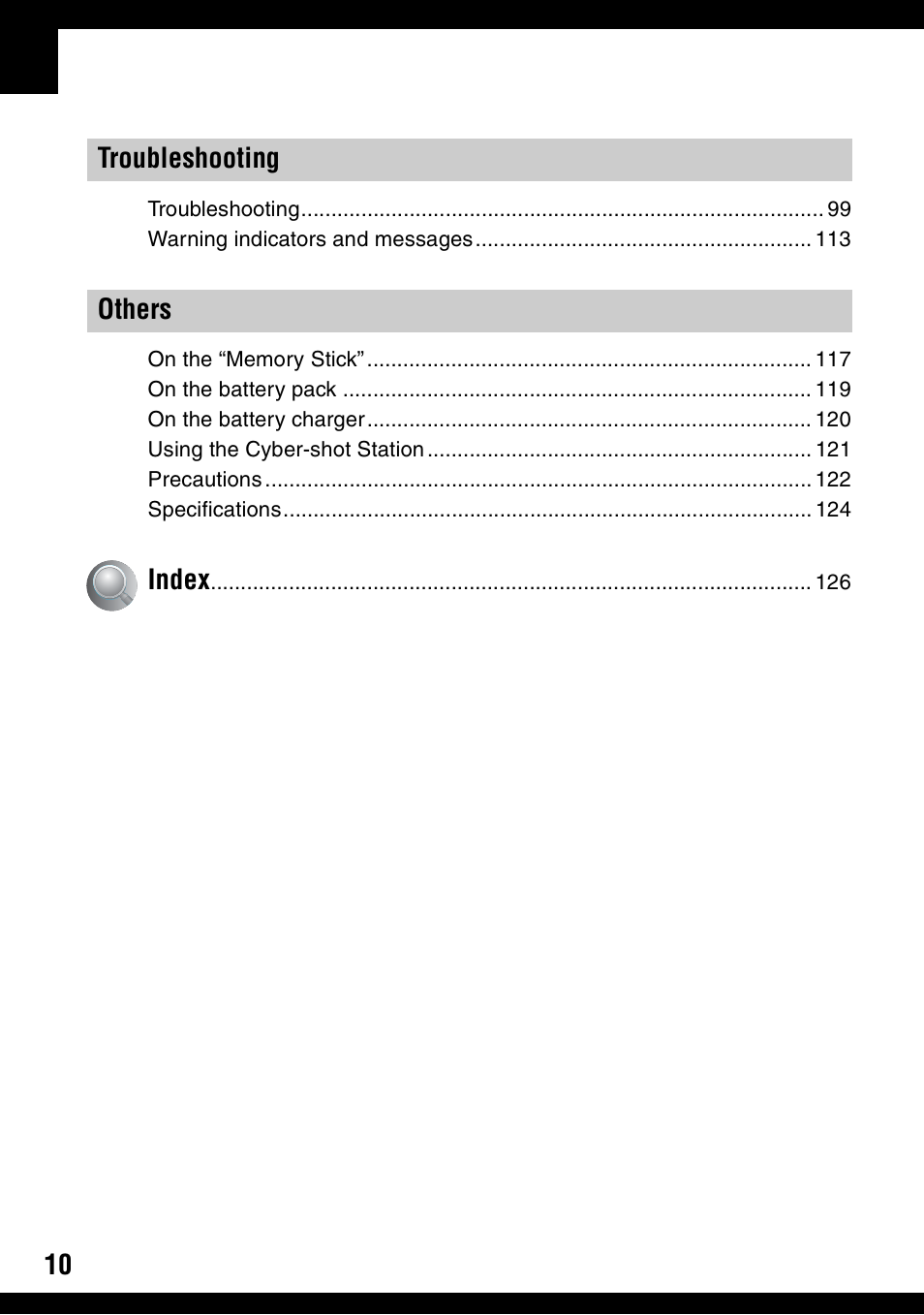 Troubleshooting others index | Sony DSC-N1 User Manual | Page 10 / 132