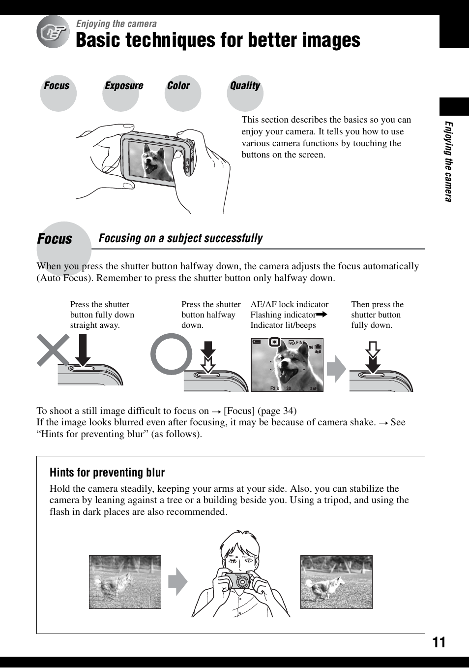 Enjoying the camera, Basic techniques for better images, Enjoying | The camera, Focus – focusing on a subject successfully, Focus | Sony DSC-N1 User Manual | Page 11 / 132