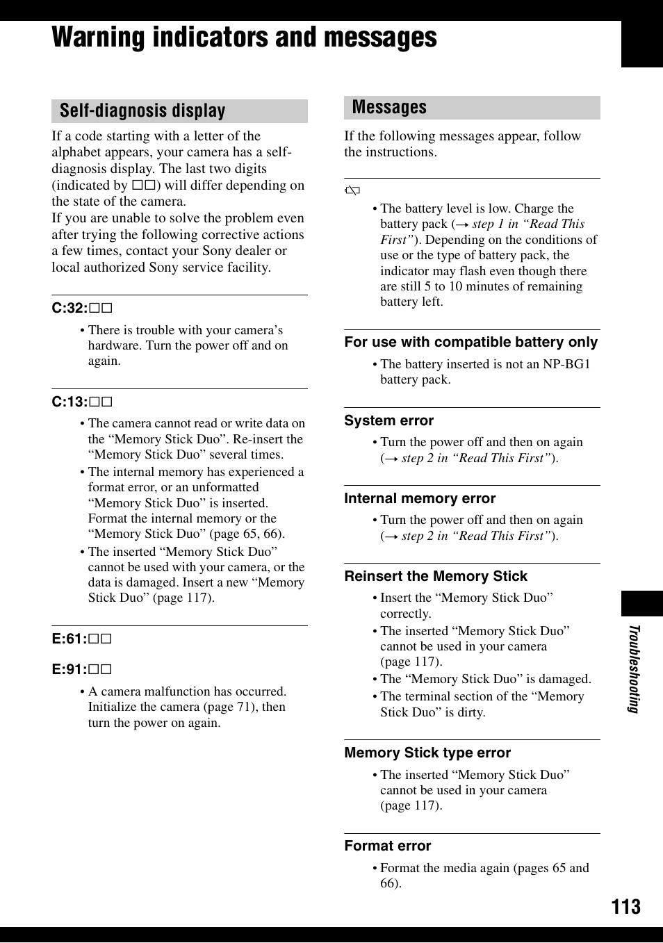 Warning indicators and messages, Self-diagnosis display messages | Sony DSC-N1 User Manual | Page 113 / 132