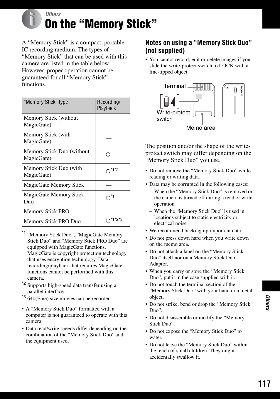 Others, On the “memory stick | Sony DSC-N1 User Manual | Page 117 / 132