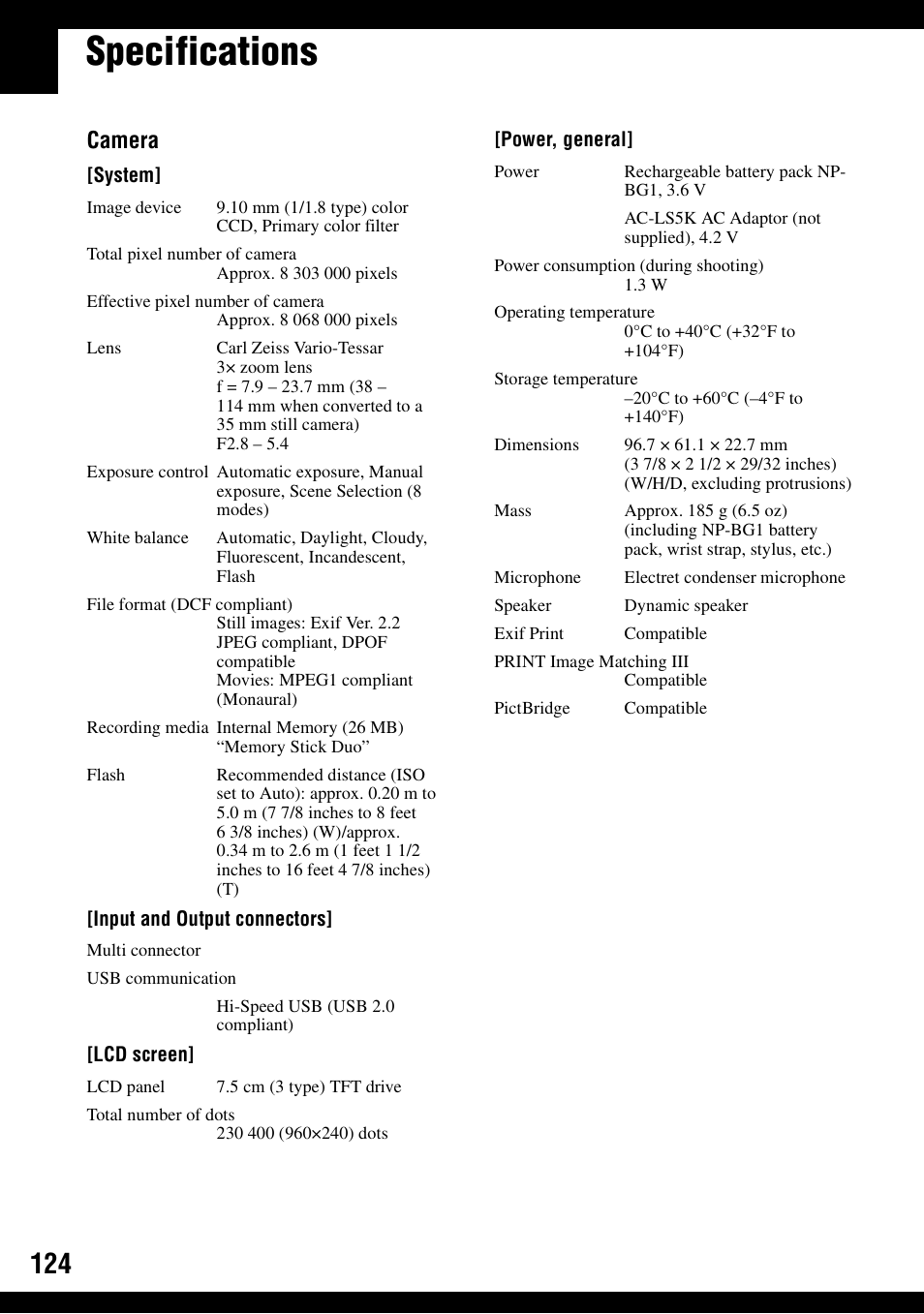 Specifications, Camera | Sony DSC-N1 User Manual | Page 124 / 132