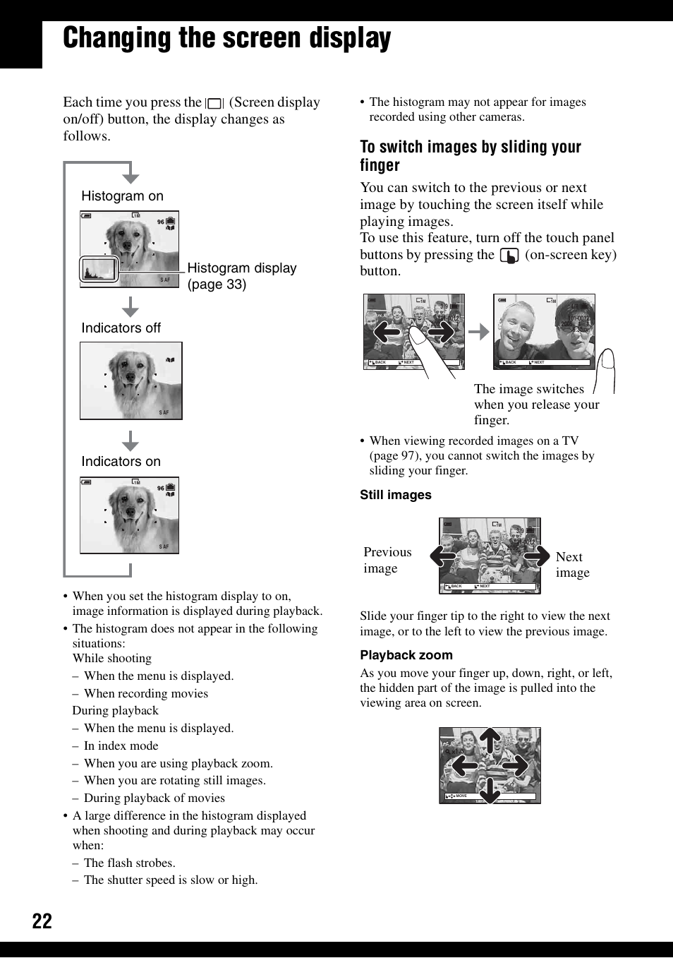 Changing the screen display, The image switches when you release your finger, Previous image next image | Sony DSC-N1 User Manual | Page 22 / 132