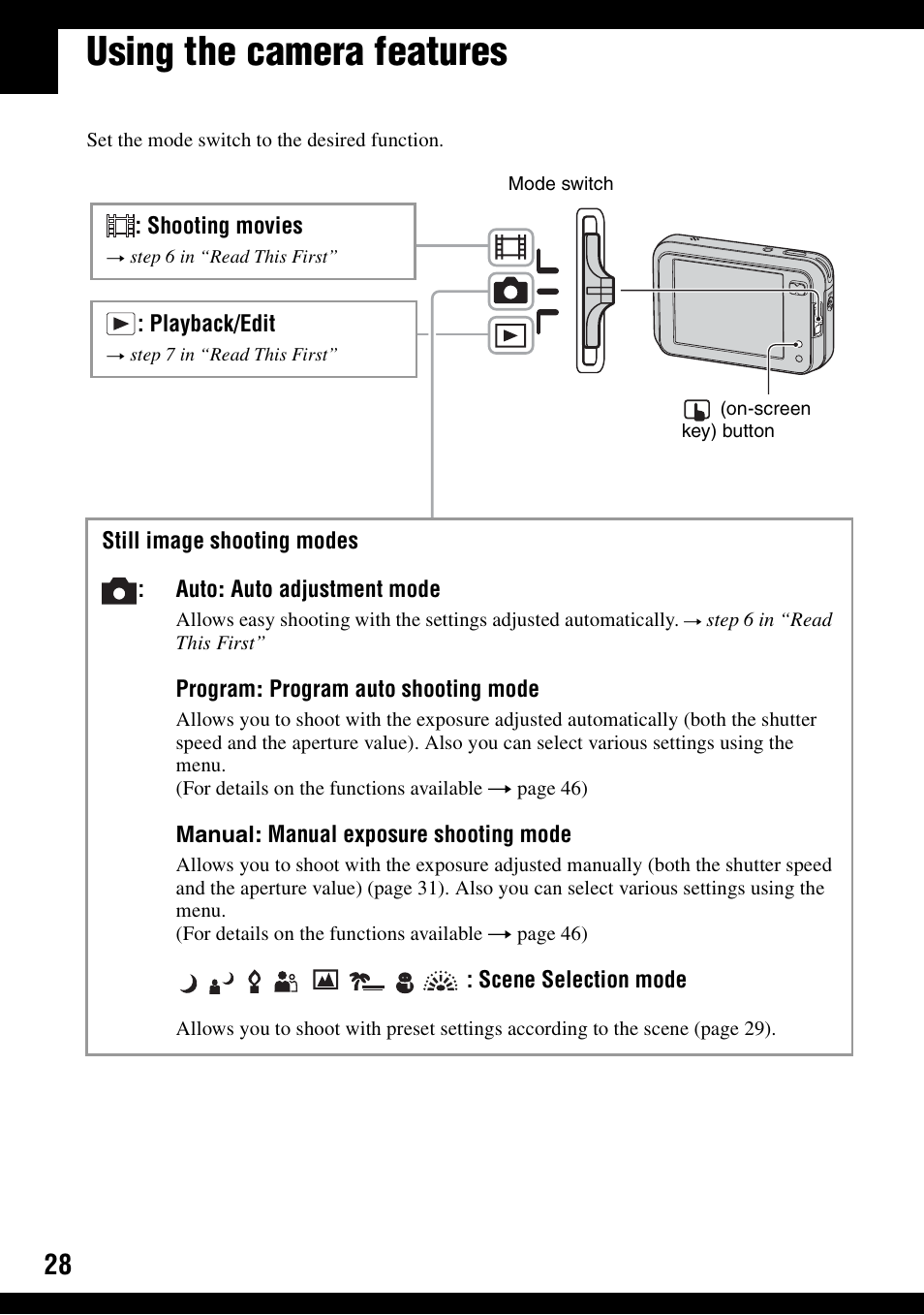 Using the camera features | Sony DSC-N1 User Manual | Page 28 / 132