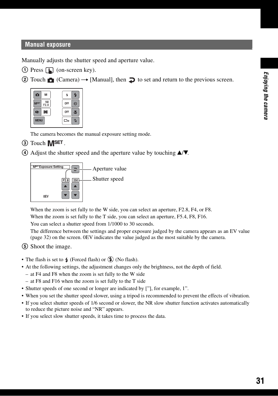 Manual exposure, E shoot the image | Sony DSC-N1 User Manual | Page 31 / 132