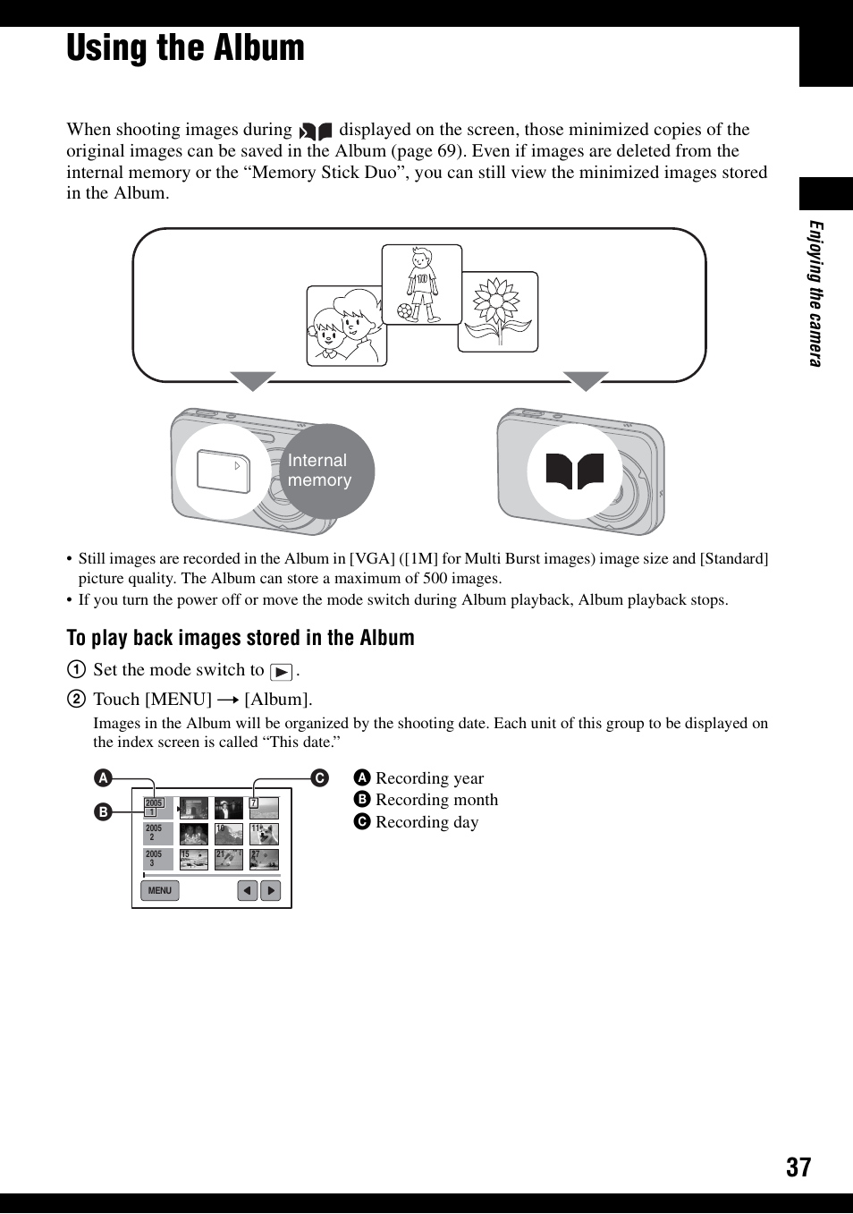 Using the album, A b c | Sony DSC-N1 User Manual | Page 37 / 132