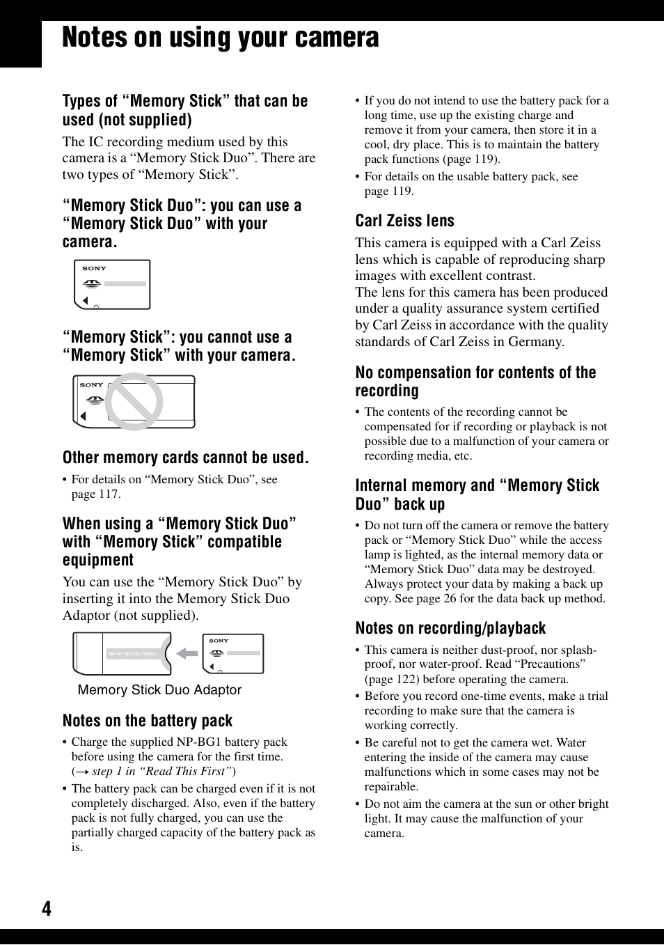 Notes on using your camera | Sony DSC-N1 User Manual | Page 4 / 132