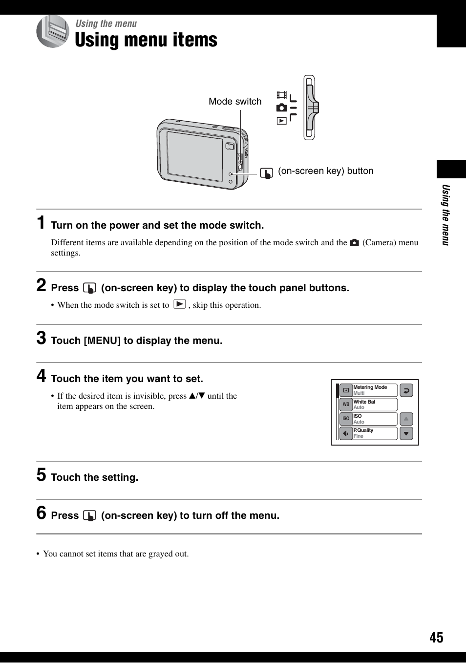 Using the menu, Using menu items | Sony DSC-N1 User Manual | Page 45 / 132