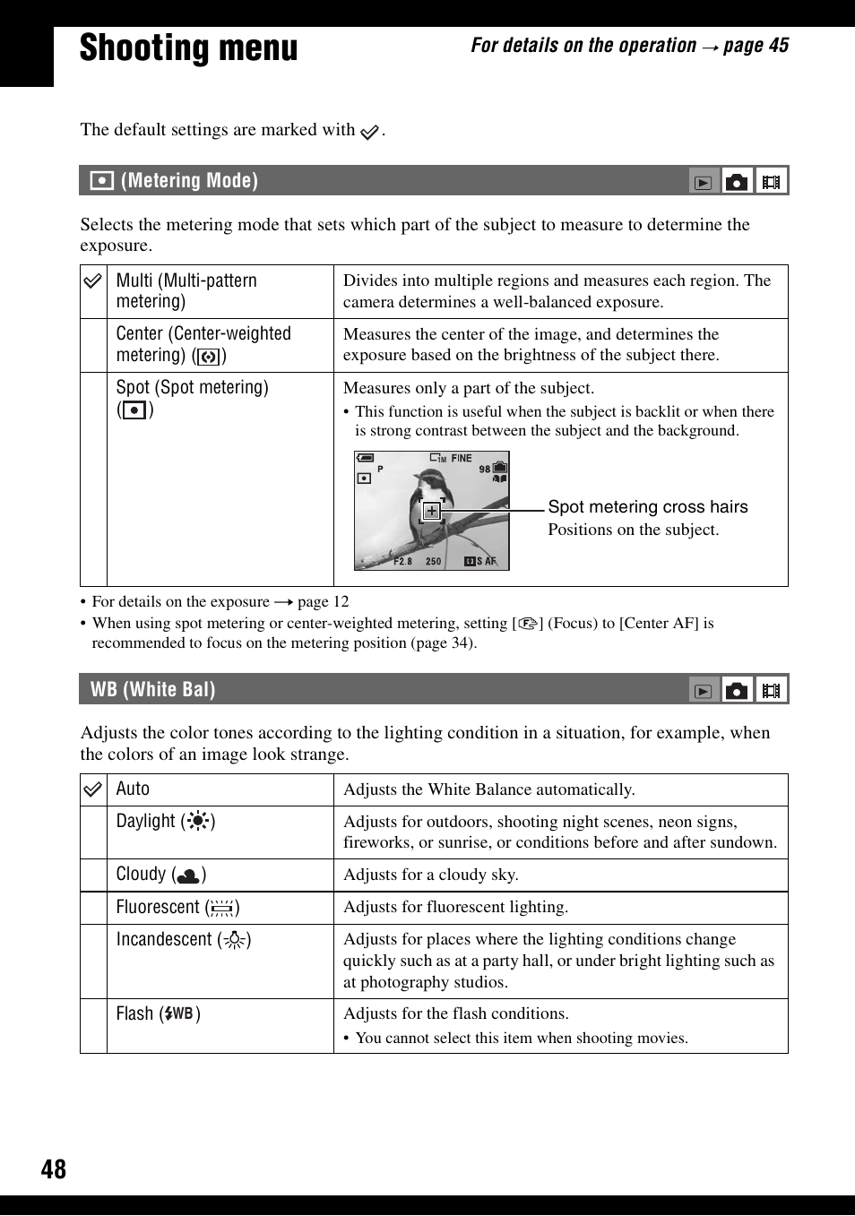 Shooting menu, Metering mode), Wb (white bal) | Sony DSC-N1 User Manual | Page 48 / 132