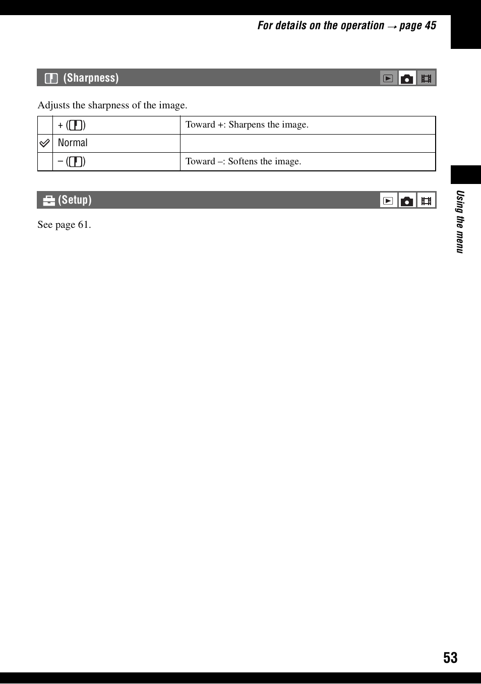 Sharpness), Setup) | Sony DSC-N1 User Manual | Page 53 / 132