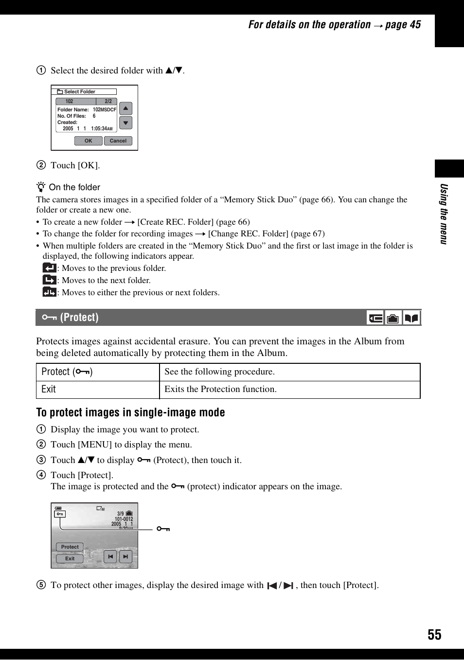 Protect), T (55), For details on the operation | Pa ge 45, Protect (-), Exit | Sony DSC-N1 User Manual | Page 55 / 132