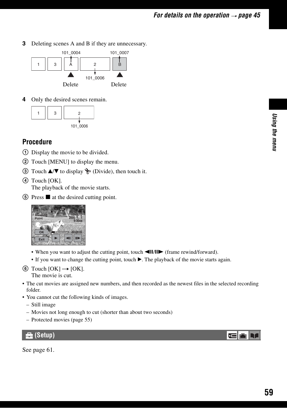 Procedure, For details on the operation, Pa ge 45 | Setup), See page 61 | Sony DSC-N1 User Manual | Page 59 / 132