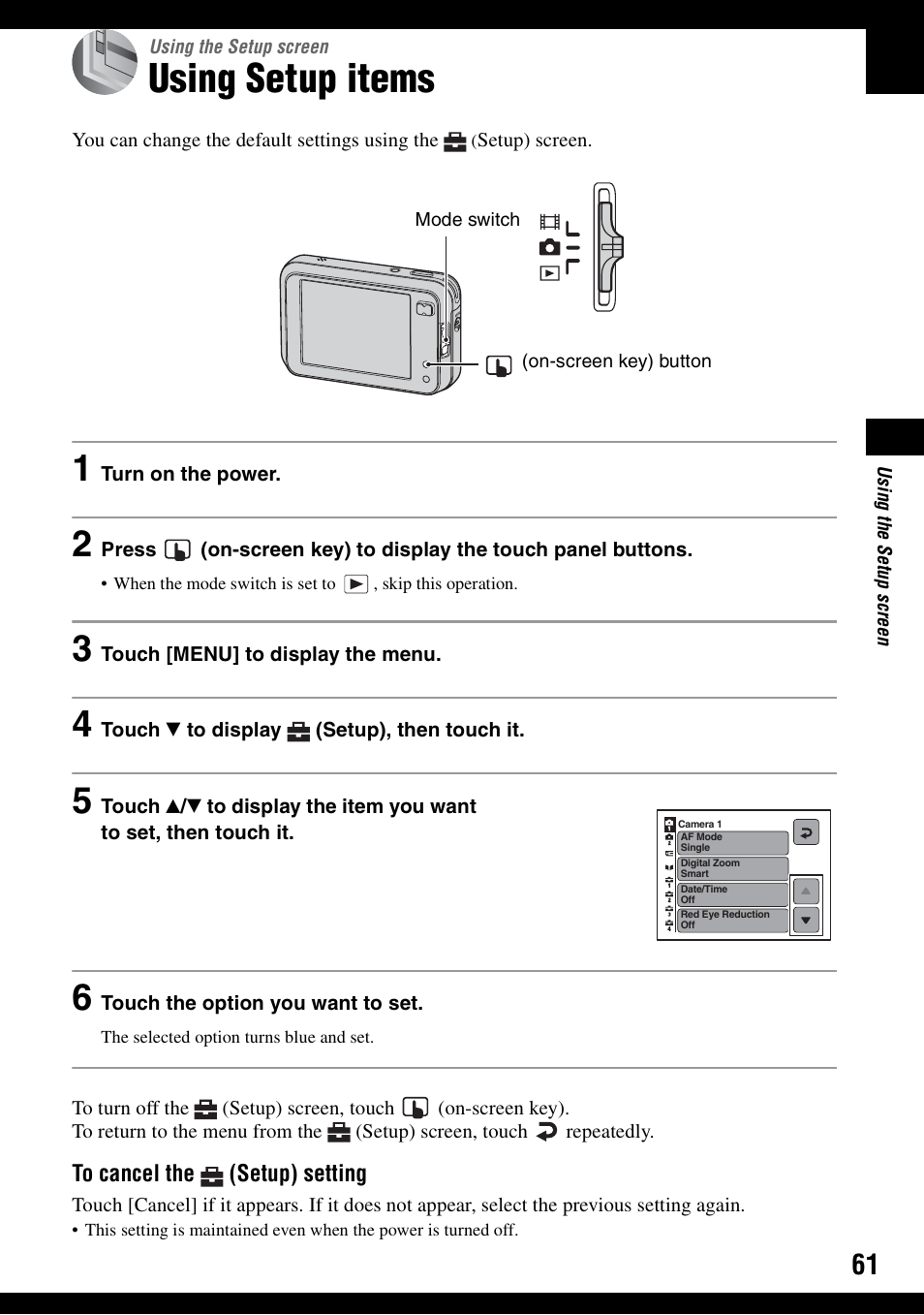 Using the setup screen, Using setup items | Sony DSC-N1 User Manual | Page 61 / 132