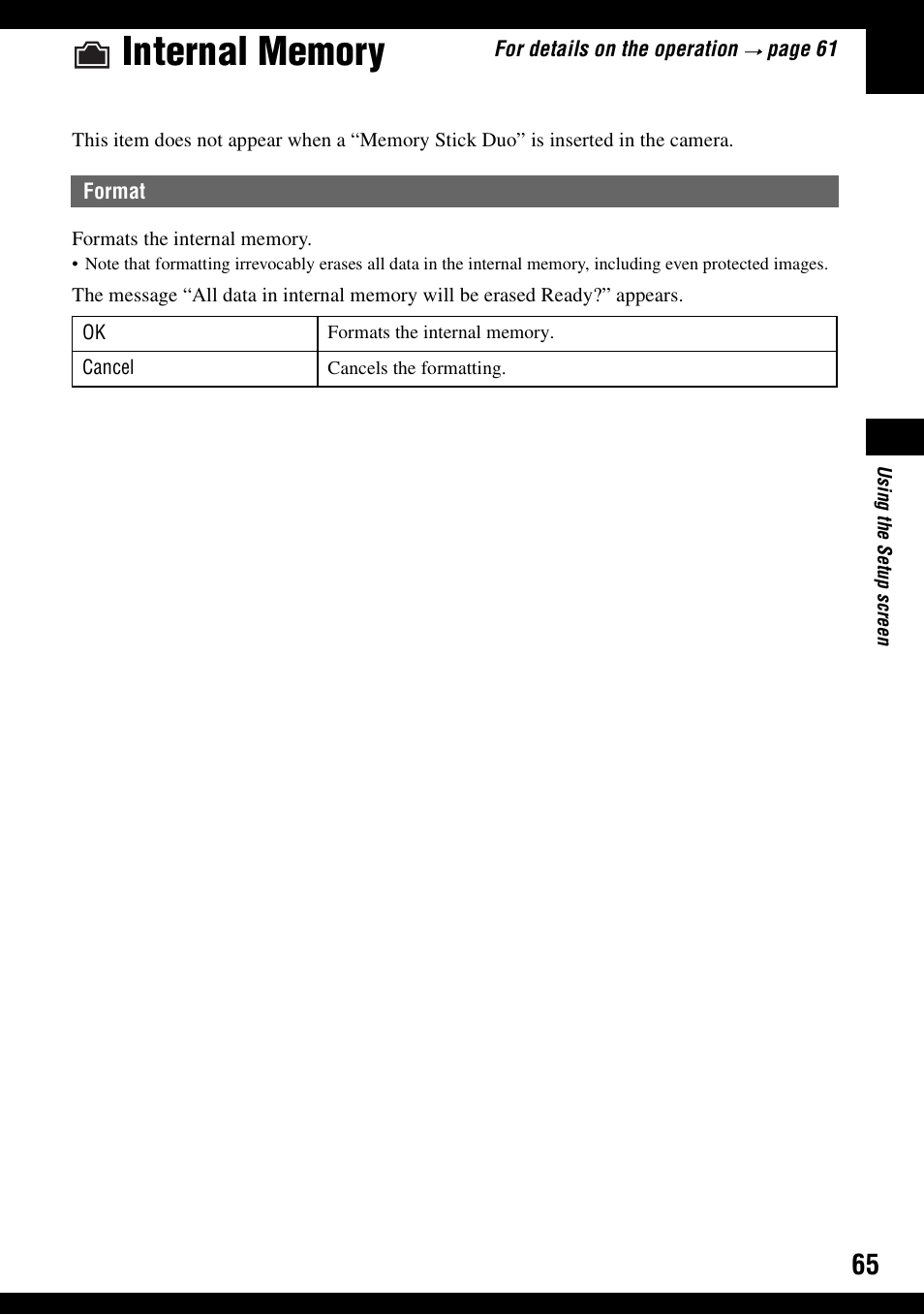 Internal memory, Format | Sony DSC-N1 User Manual | Page 65 / 132