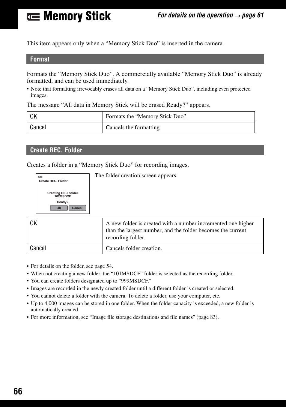 Memory stick, Format create rec. folder, Format | Sony DSC-N1 User Manual | Page 66 / 132