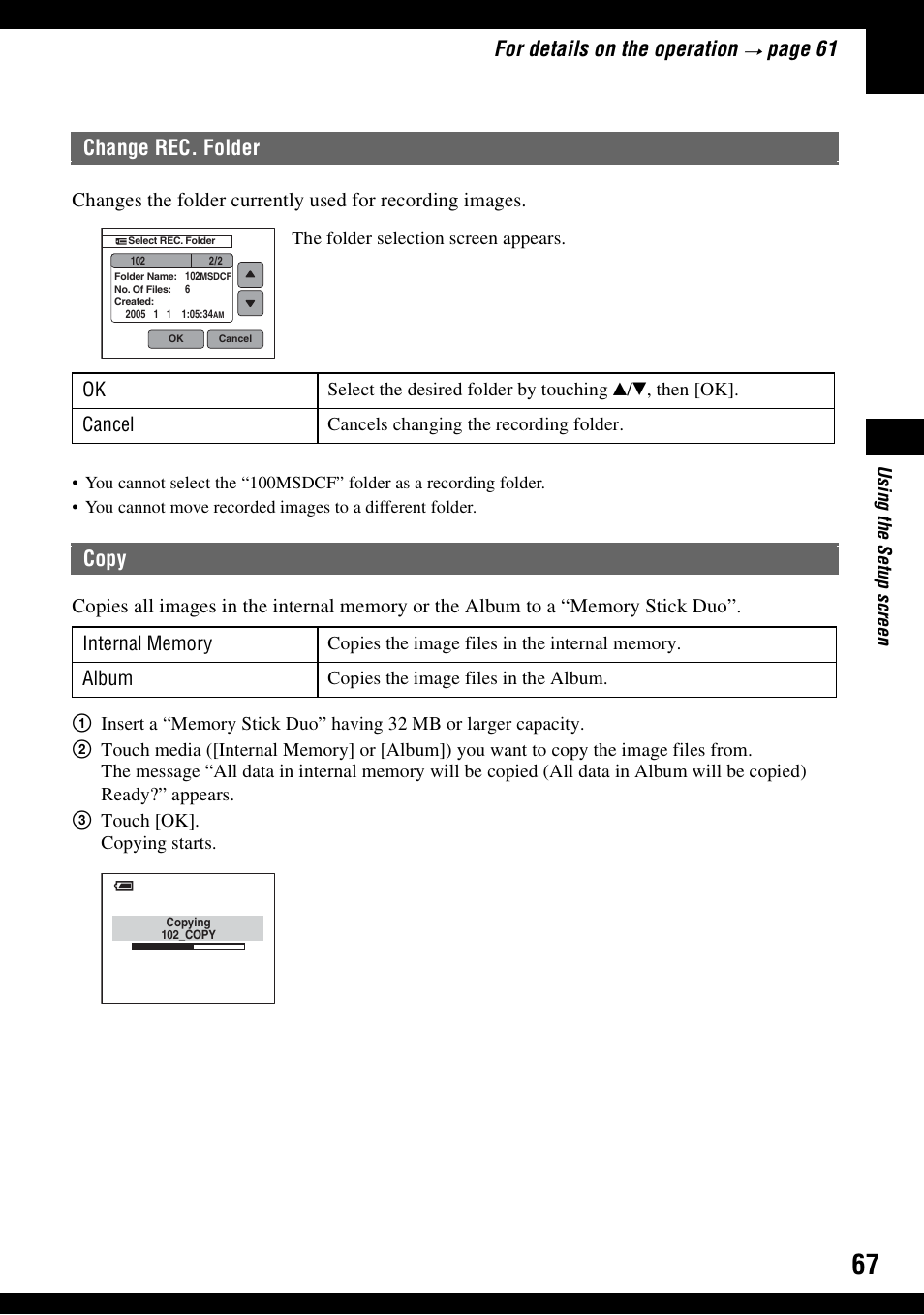 Change rec. folder copy, For details on the operation, Pa ge 61 | Change rec. folder, Copy | Sony DSC-N1 User Manual | Page 67 / 132