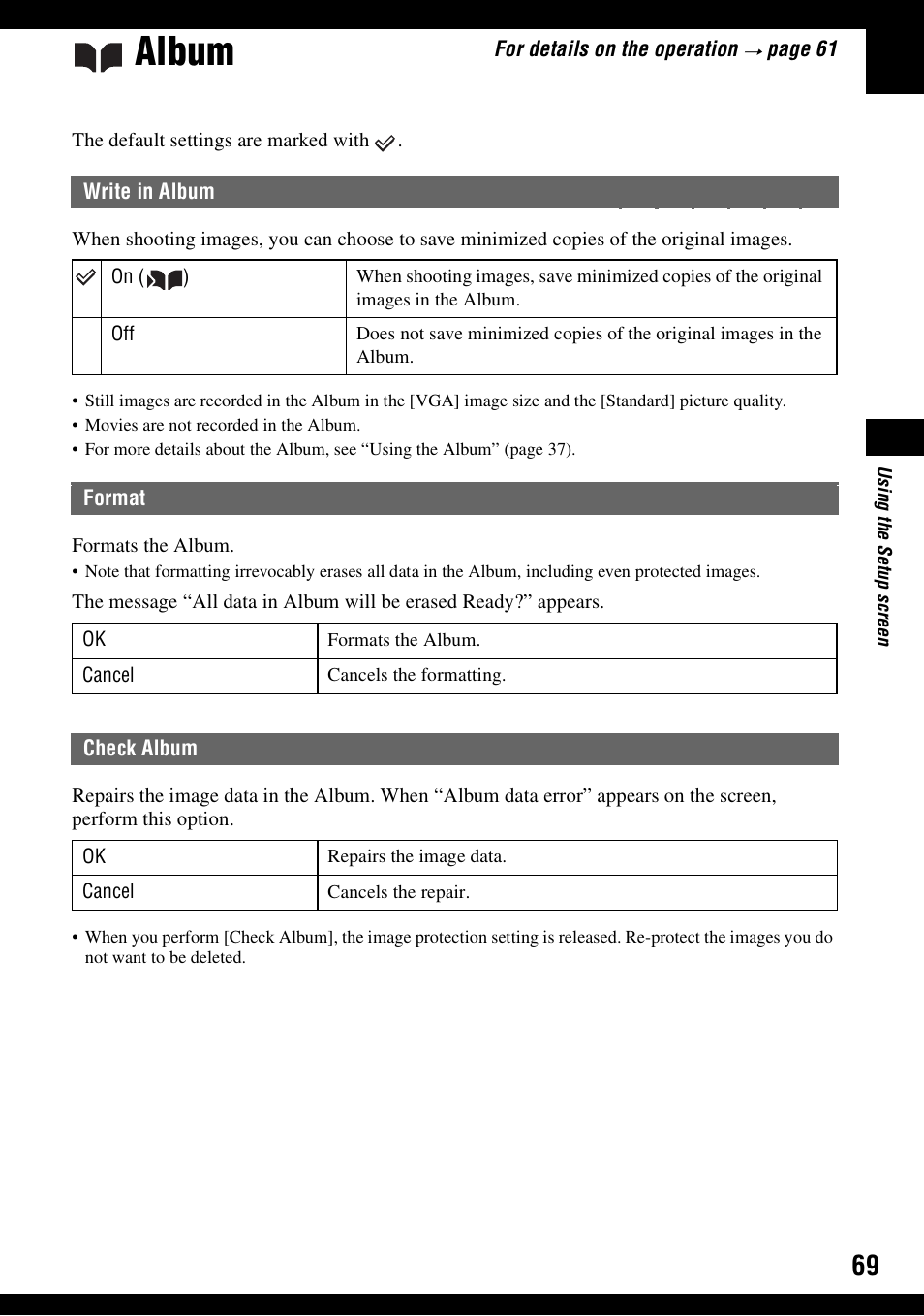 Album, Write in album, Check album | Sony DSC-N1 User Manual | Page 69 / 132