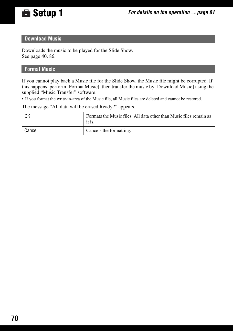 Setup 1, Download music format music | Sony DSC-N1 User Manual | Page 70 / 132