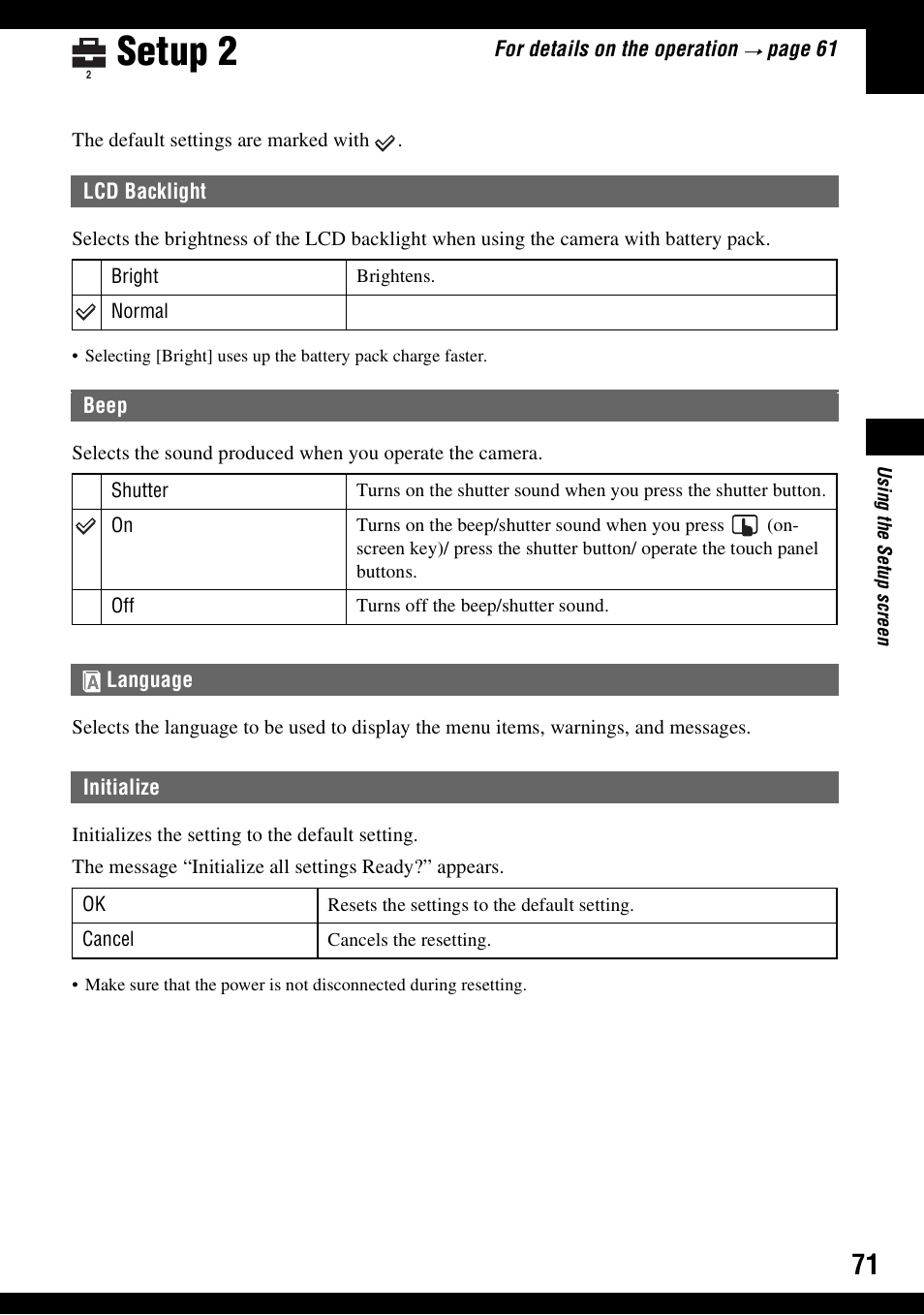 Setup 2, Lcd backlight beep, Language | Initialize | Sony DSC-N1 User Manual | Page 71 / 132