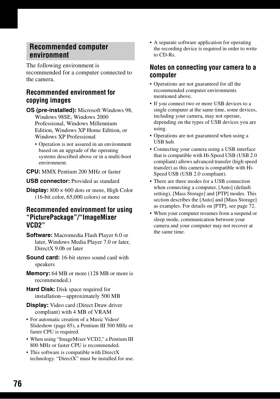 Recommended computer environment, Recommended environment for copying images | Sony DSC-N1 User Manual | Page 76 / 132