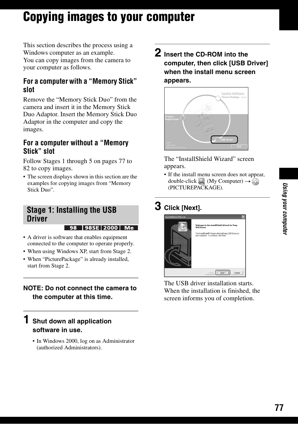 Copying images to your computer, Stage 1: installing the usb driver | Sony DSC-N1 User Manual | Page 77 / 132