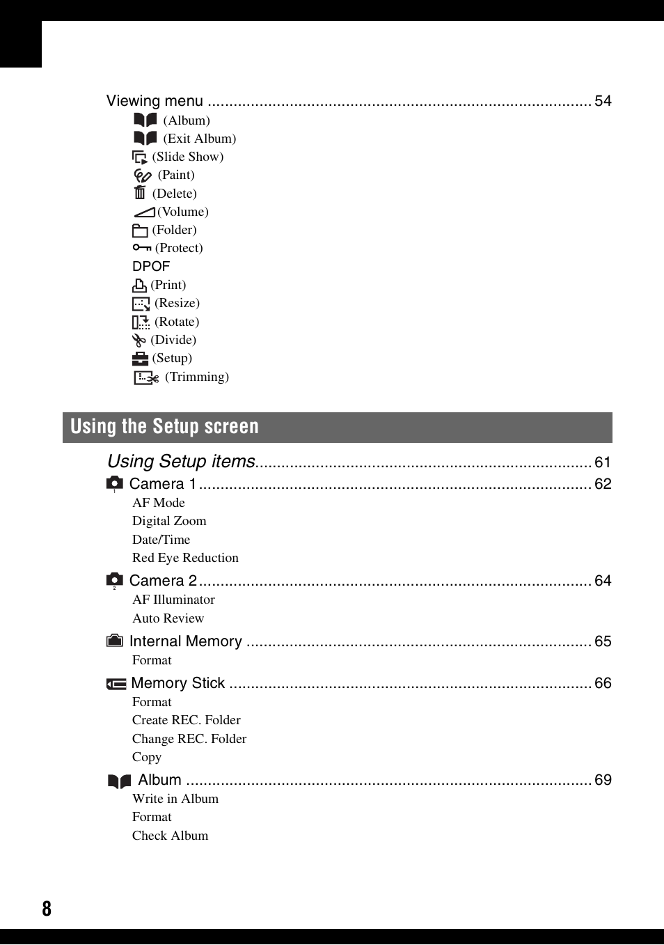 Using the setup screen, Using setup items | Sony DSC-N1 User Manual | Page 8 / 132