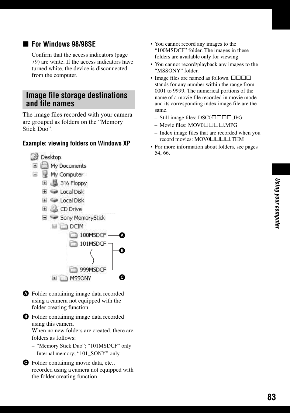 Image file storage destinations and file names, Xfor windows 98/98se | Sony DSC-N1 User Manual | Page 83 / 132