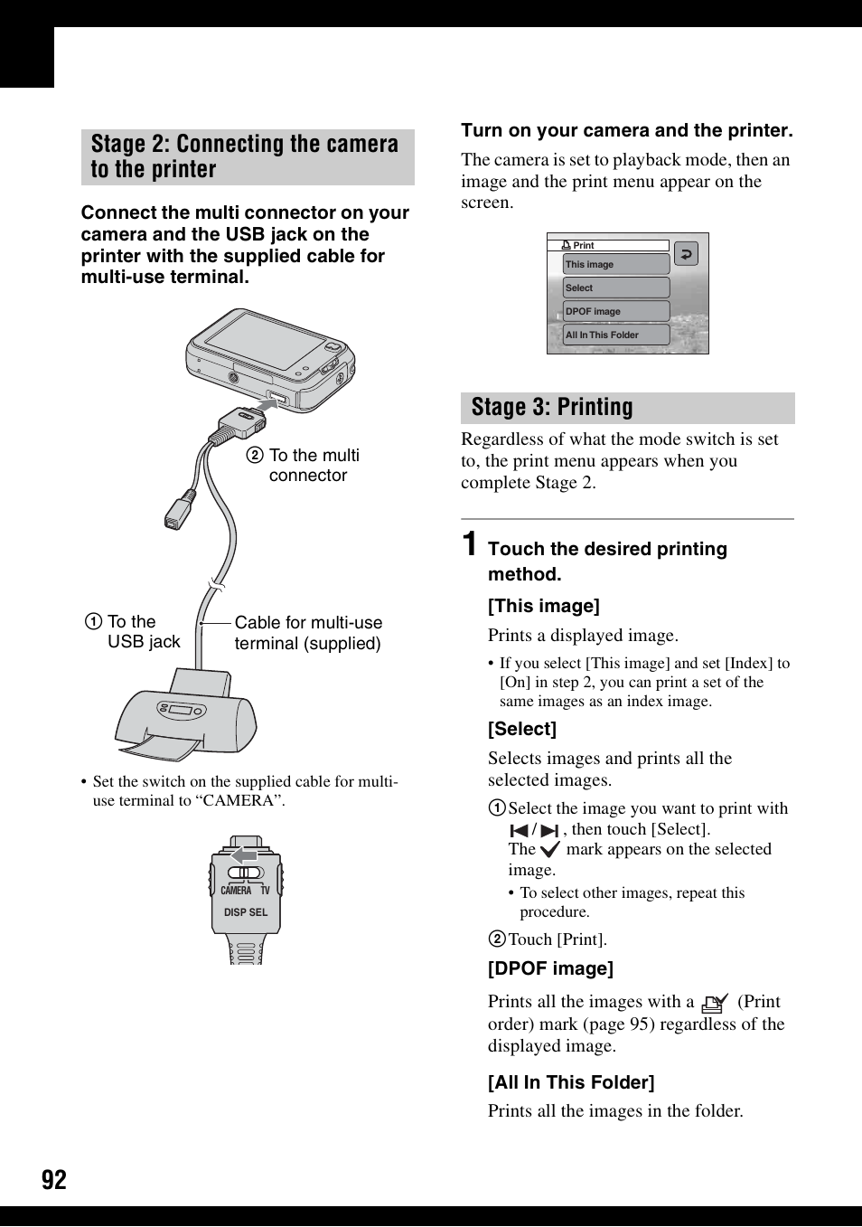 Stage 2: connecting the camera to the printer, Stage 3: printing | Sony DSC-N1 User Manual | Page 92 / 132