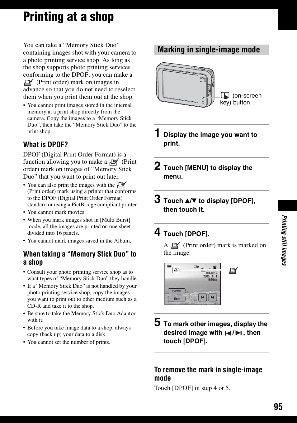 Printing at a shop, Marking in single-image mode | Sony DSC-N1 User Manual | Page 95 / 132