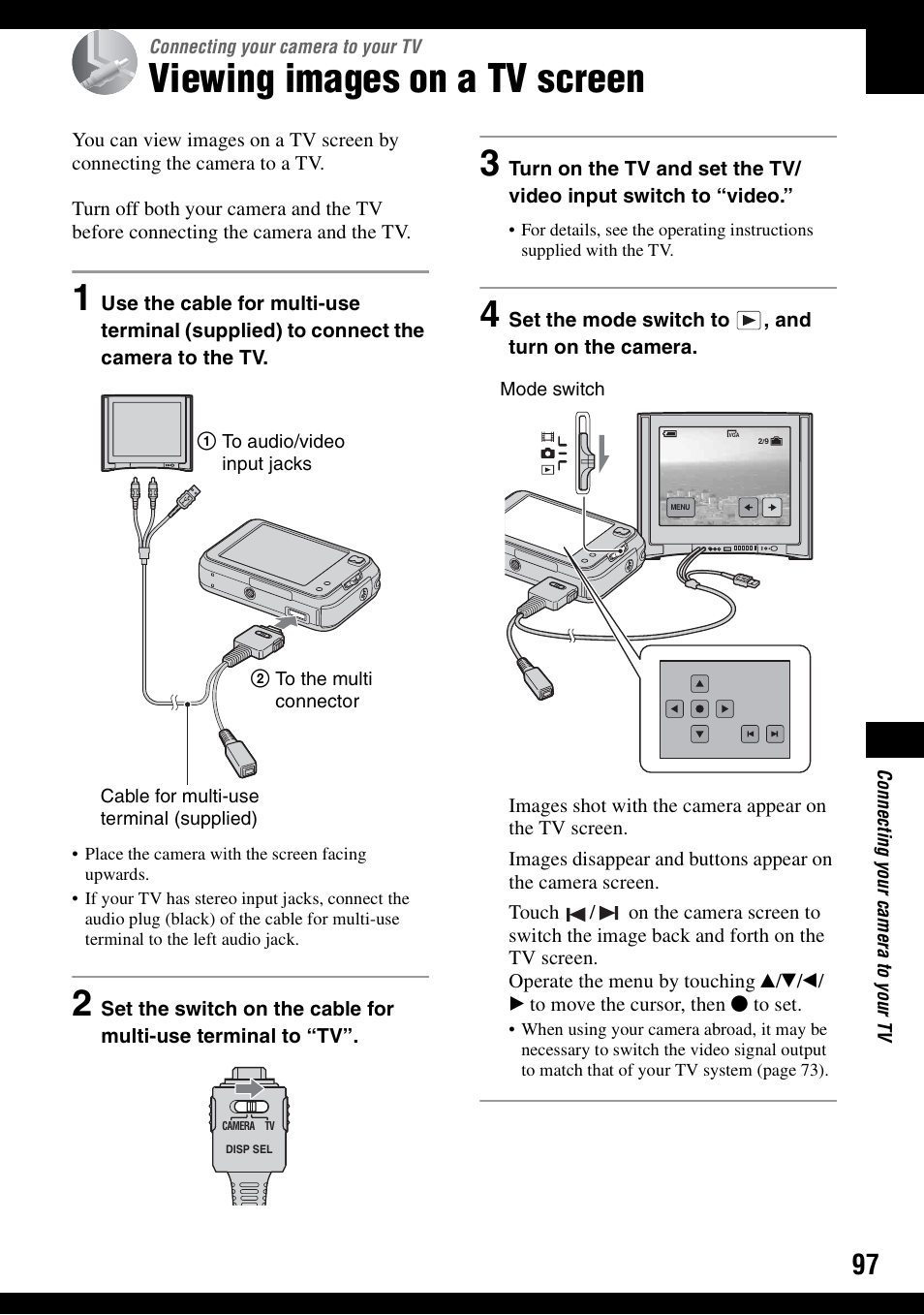 Connecting your camera to your tv, Viewing images on a tv screen | Sony DSC-N1 User Manual | Page 97 / 132