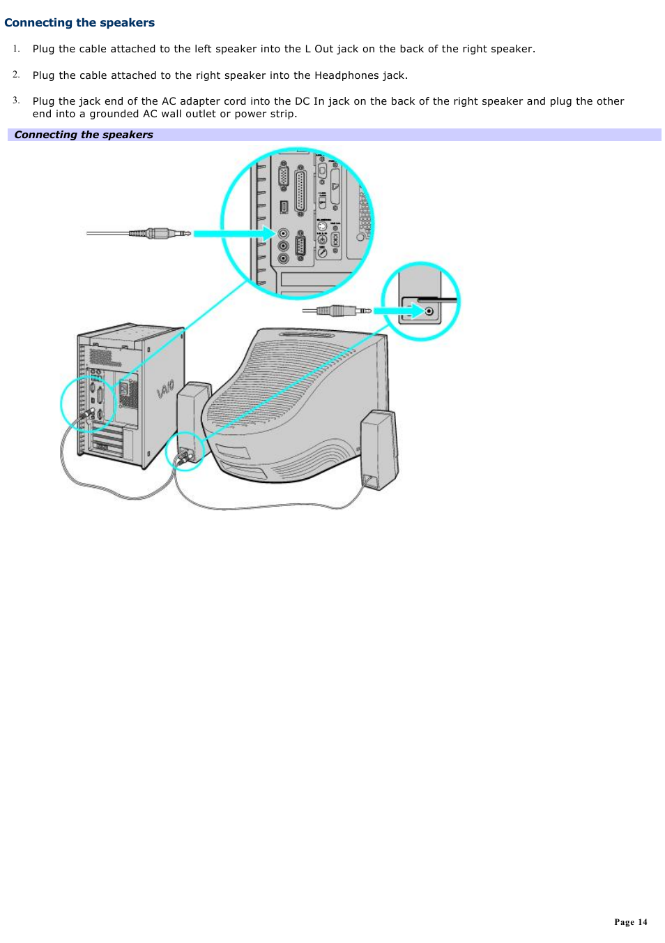 Connecting the speakers | Sony PCV-RX742 User Manual | Page 14 / 80
