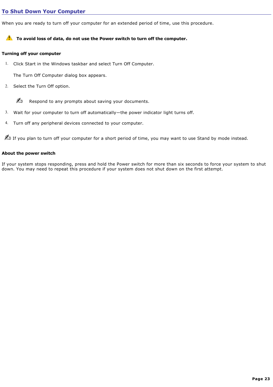 To shut down your computer | Sony PCV-RX742 User Manual | Page 23 / 80