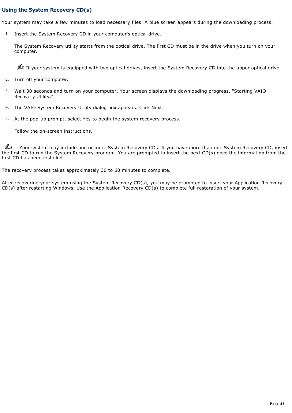 Using the system recovery cd(s) | Sony PCV-RX742 User Manual | Page 43 / 80