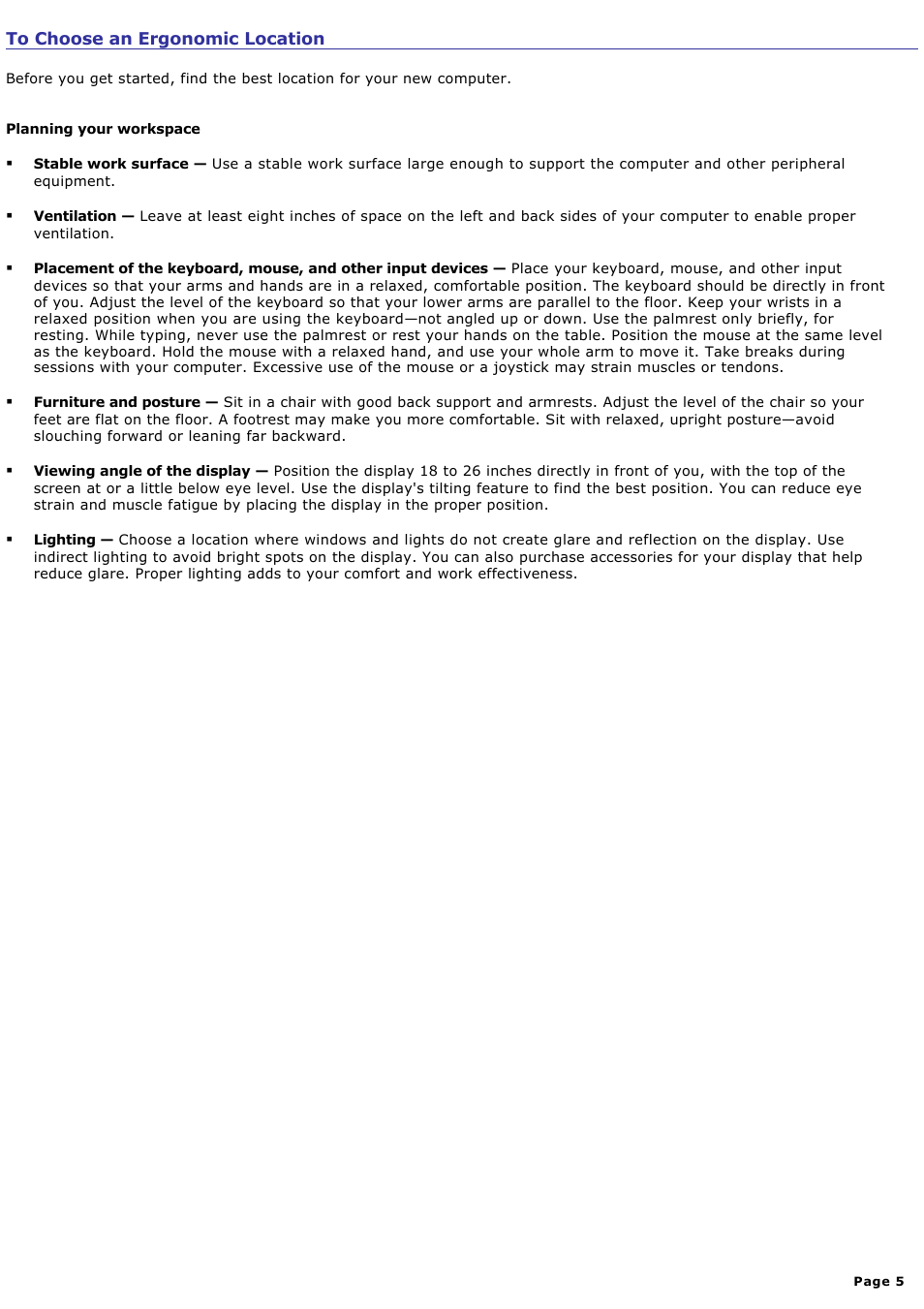 To choose an ergonomic location | Sony PCV-RX742 User Manual | Page 5 / 80