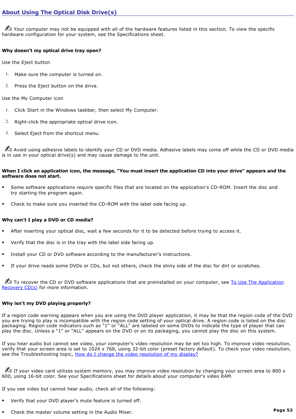 About using the optical disk drive(s) | Sony PCV-RX742 User Manual | Page 52 / 80