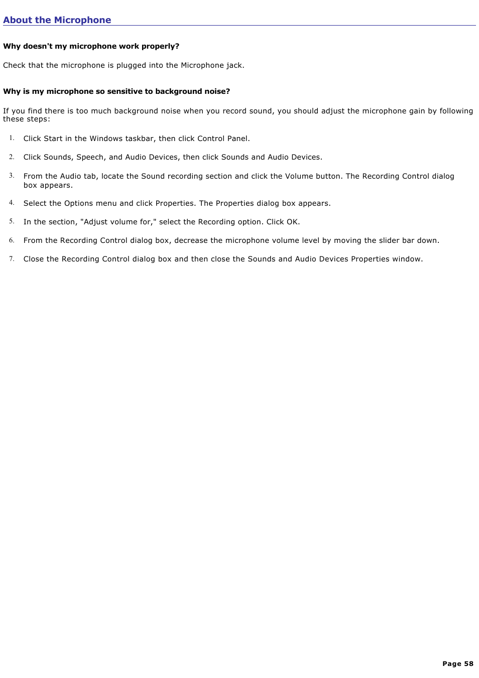 About the microphone | Sony PCV-RX742 User Manual | Page 58 / 80