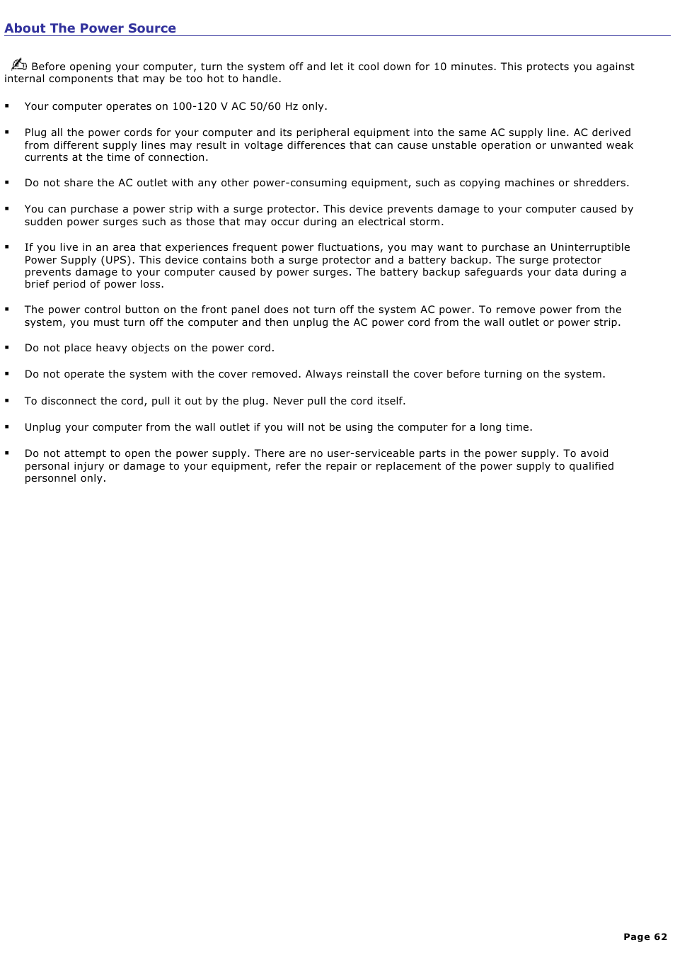 About the power source | Sony PCV-RX742 User Manual | Page 62 / 80