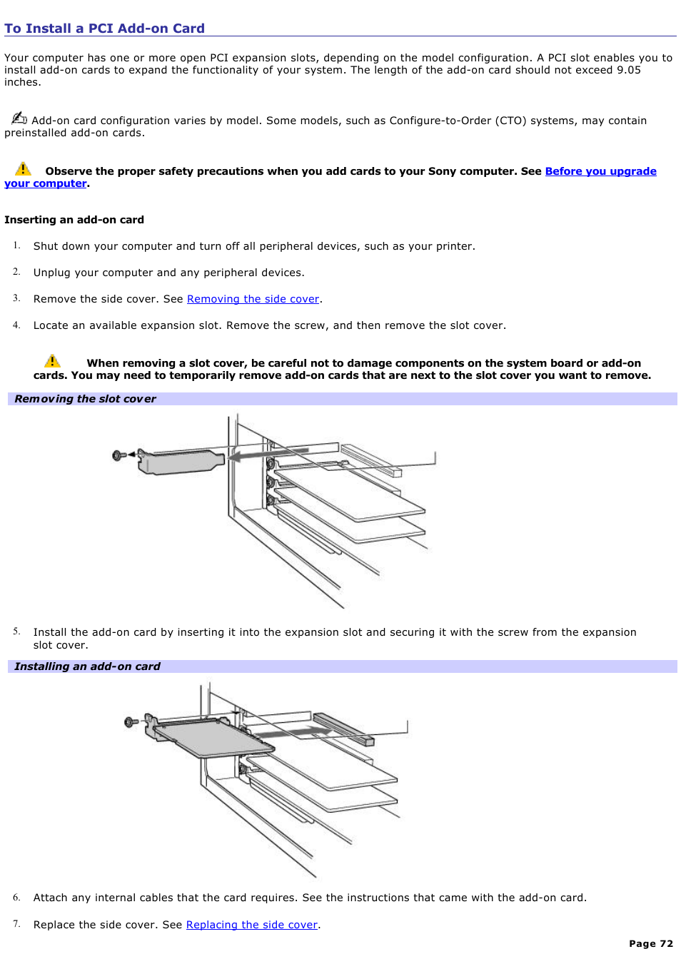To install a pci add-on card | Sony PCV-RX742 User Manual | Page 72 / 80
